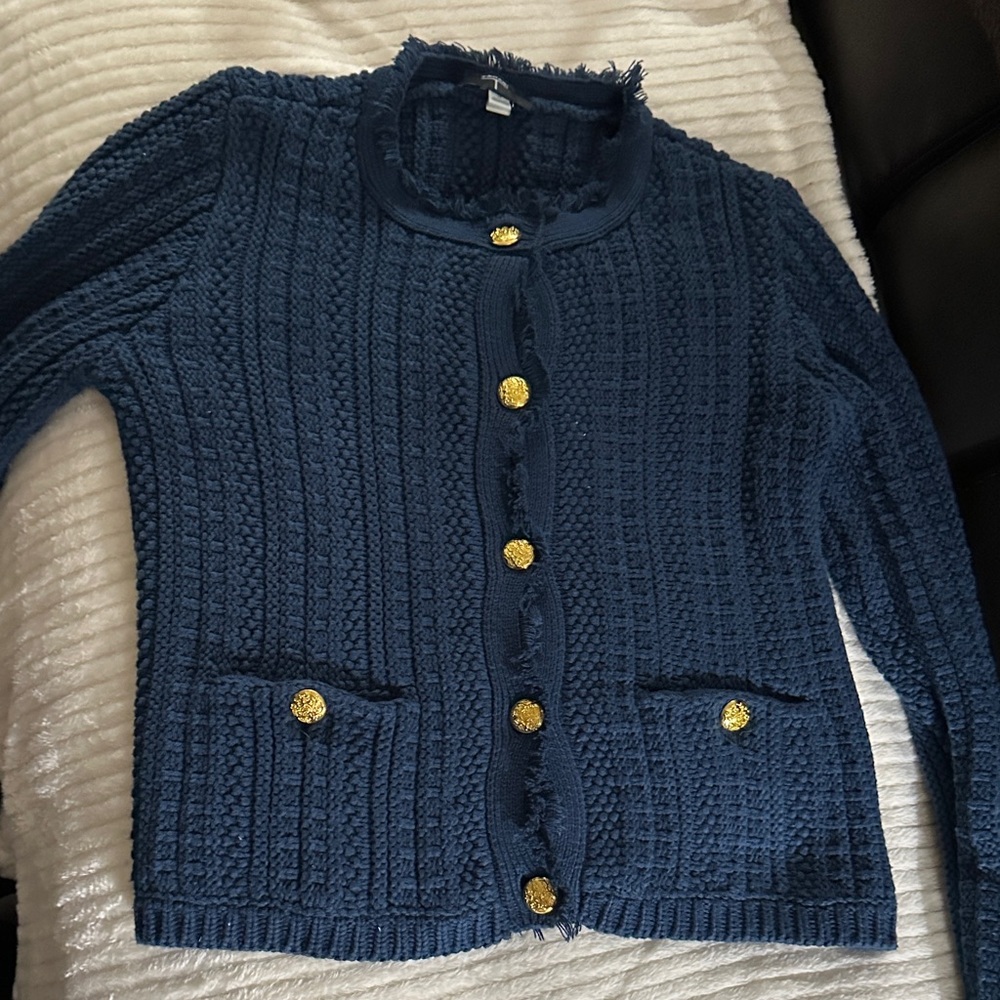 Tahari Cable Knit Button-Up Cardigan with Fringe, Gold Buttons, Medium-Like New